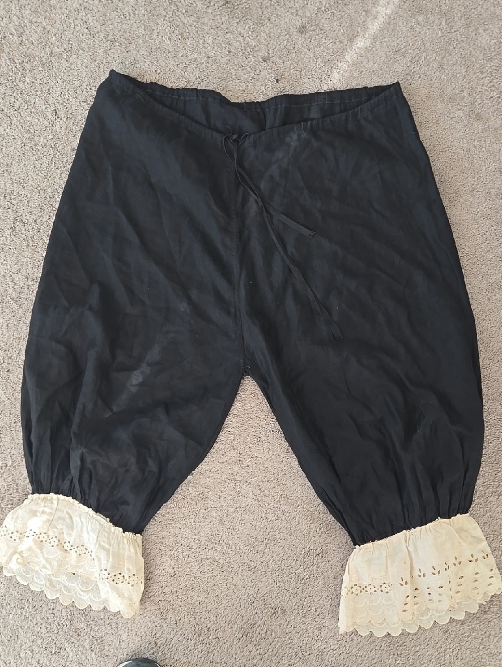 Vintage Victorian Black Cotton Bloomers with Cream Lace Trim